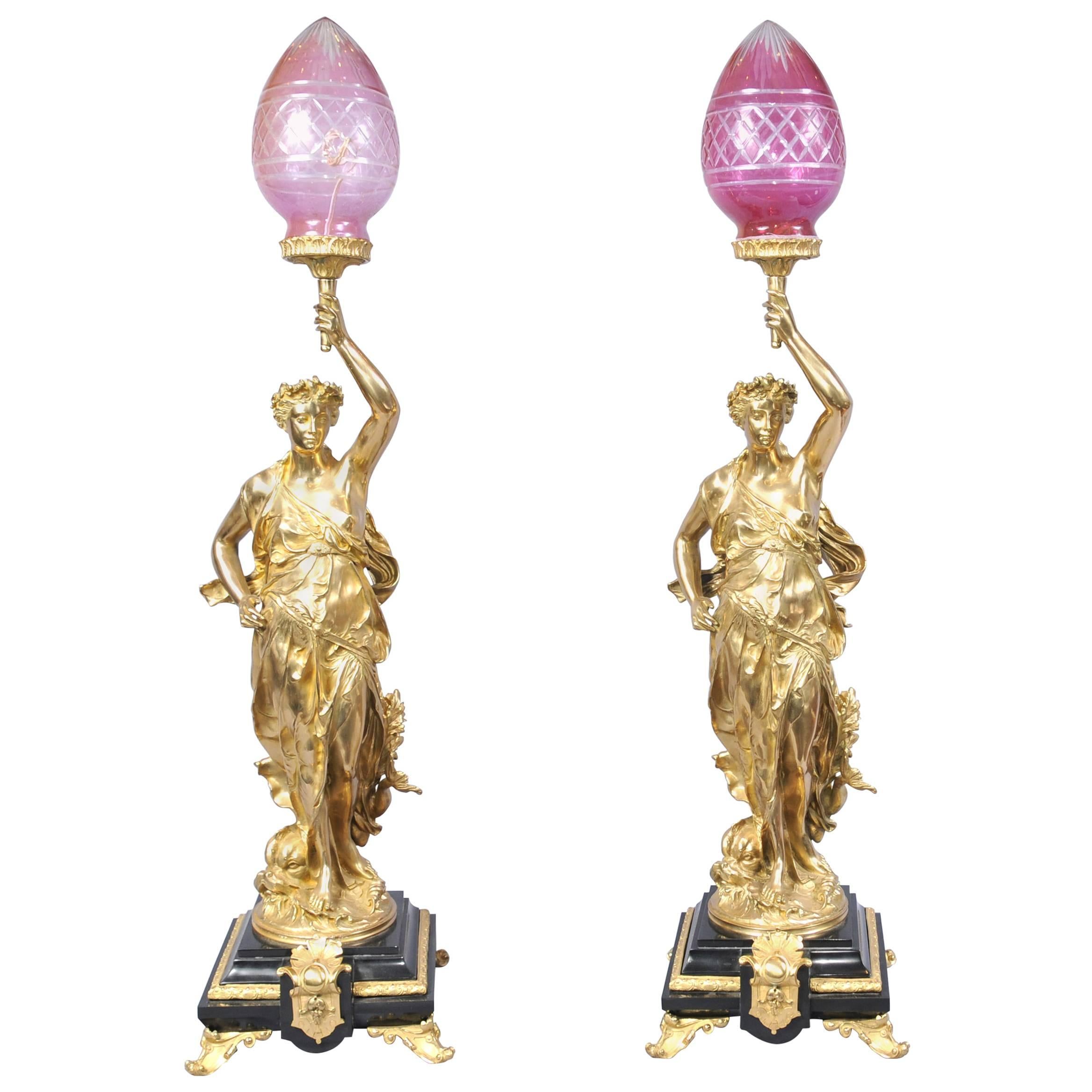Pair of French Ormolu Gregoire Classic Figurine Lamps Lights Torcheres