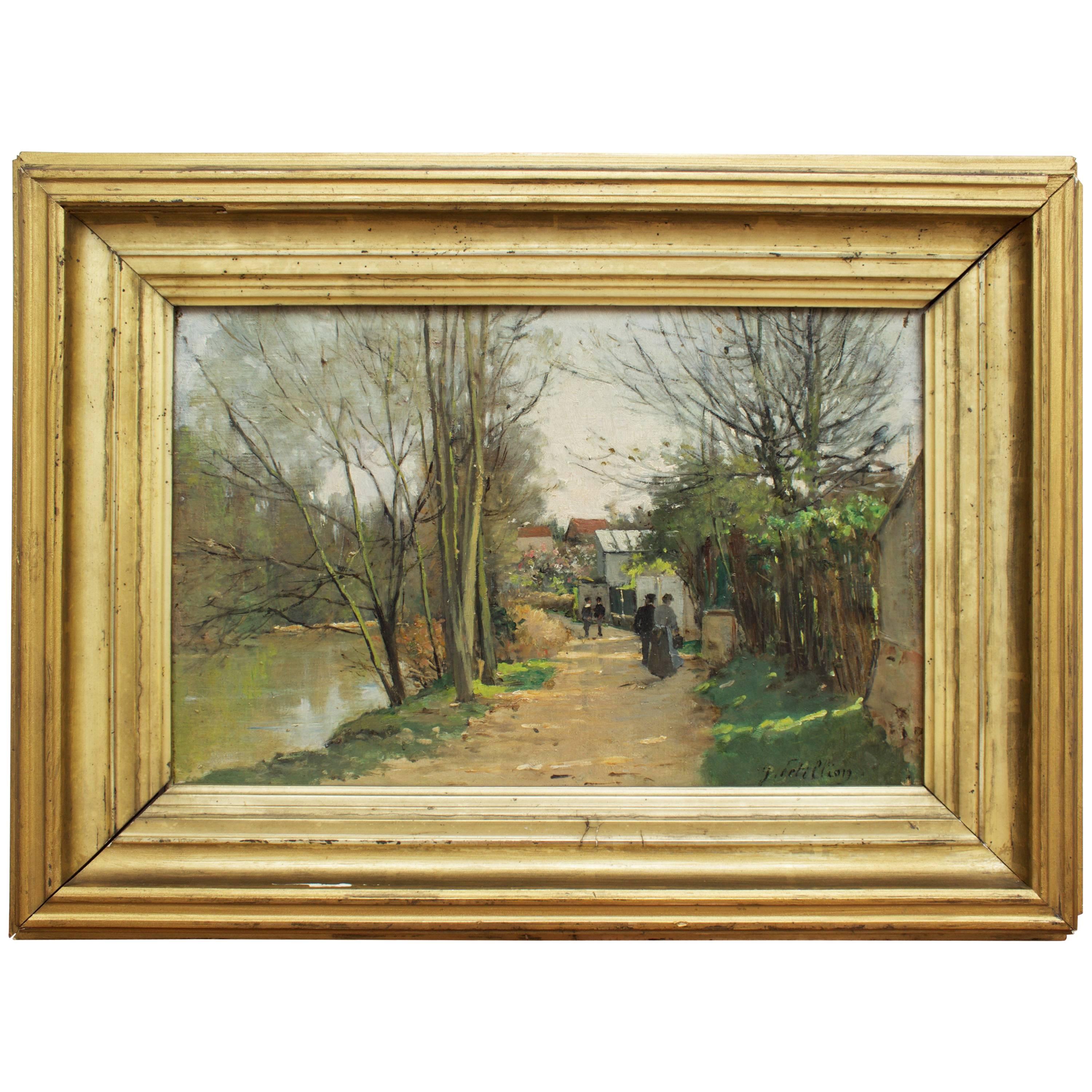 19th Century French School Painting "At The River Side" Signed For Sale