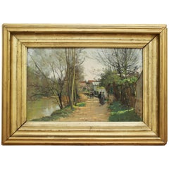 19th Century French School Painting "At The River Side" Signed