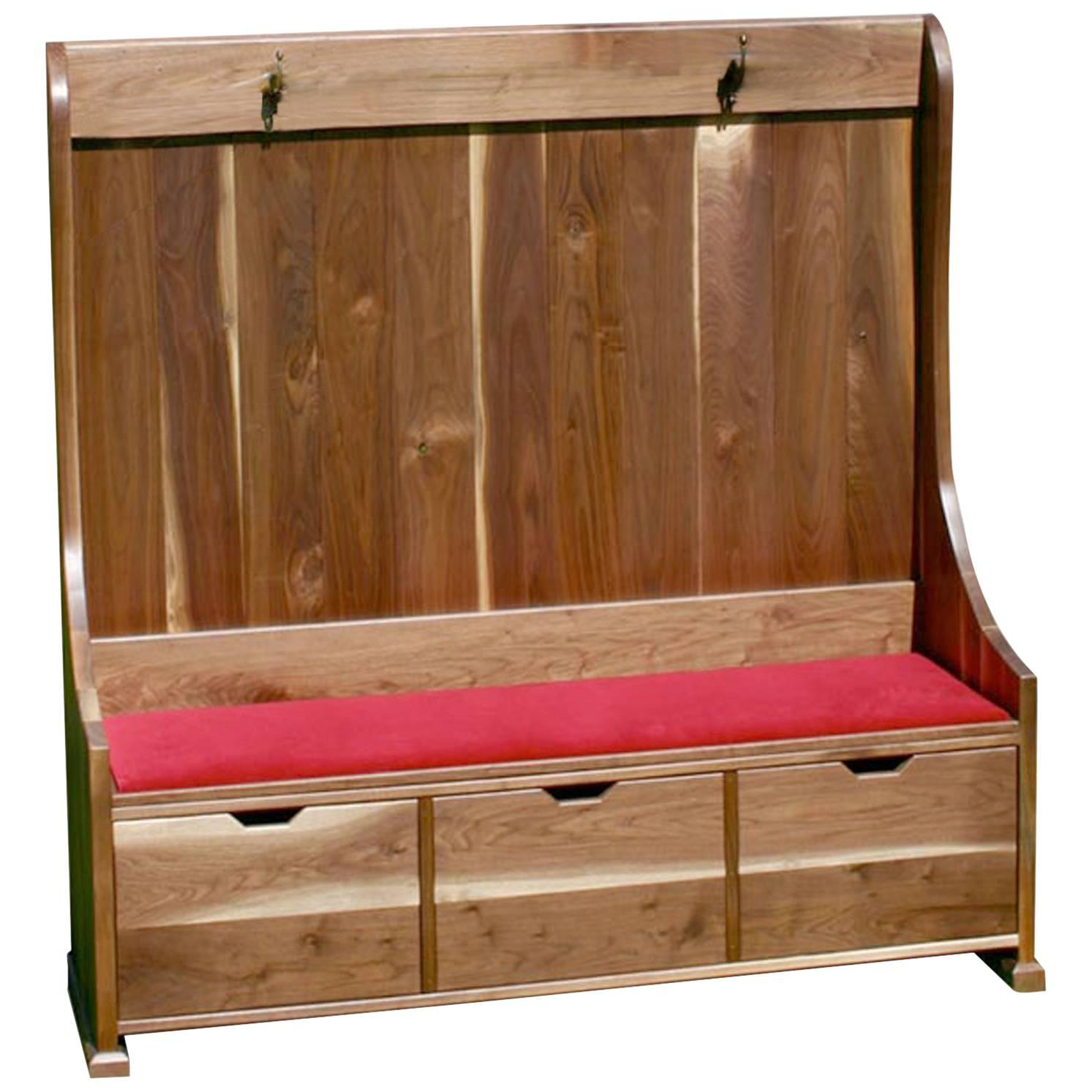 Shimna Walnut Deacons Bench with Red Velvet Upholstery & Three Storage Drawers For Sale