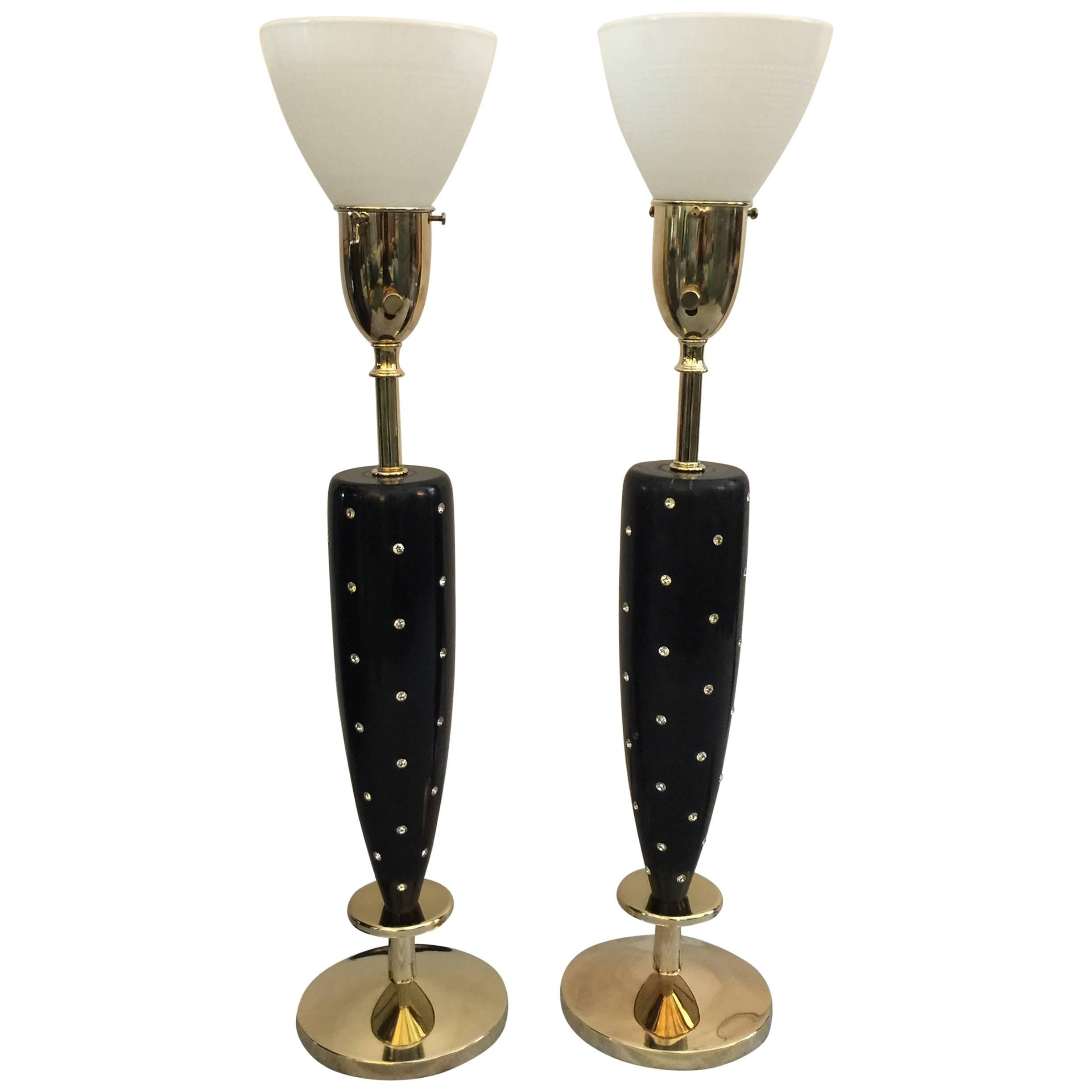Pair of Mid-Century Rhinestone Studded Lamps by Rembrandt