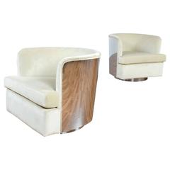 Milo Baughman Cream and Chrome Swivel Barrel Chairs