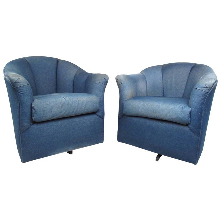 Pair of MidCentury Style Swivel Denim Lounge Chairs For Sale at