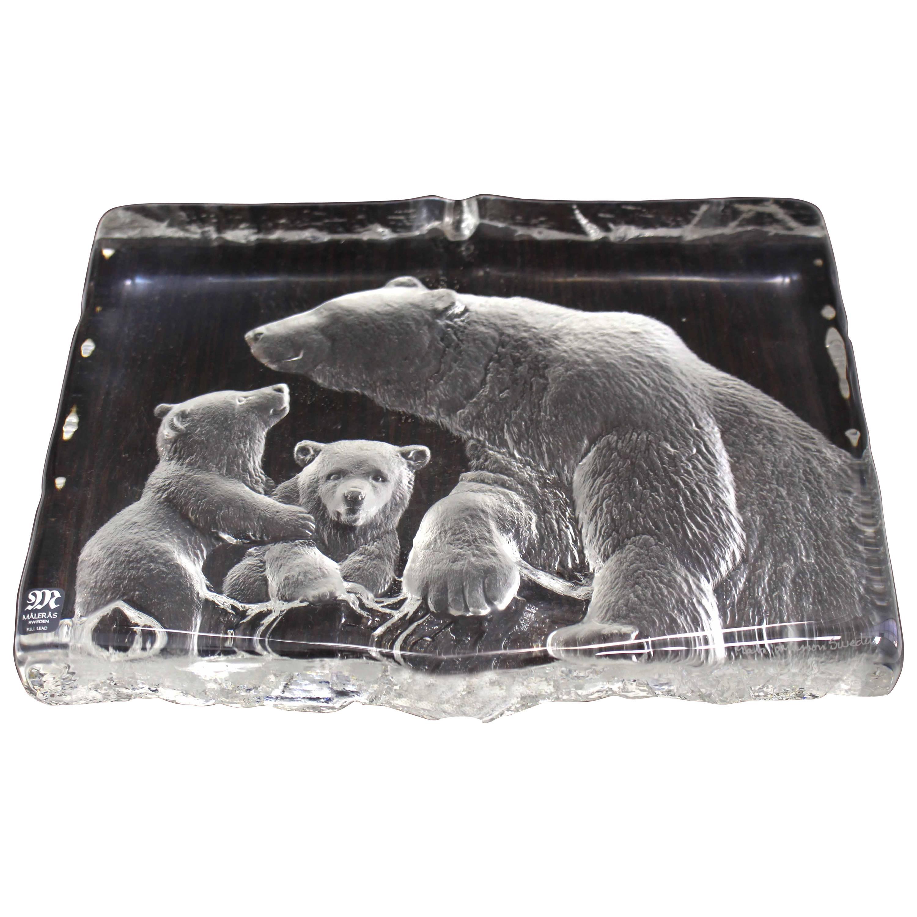 Swedish Carved Crystal Slab Sculpture of Polar Bears For Sale