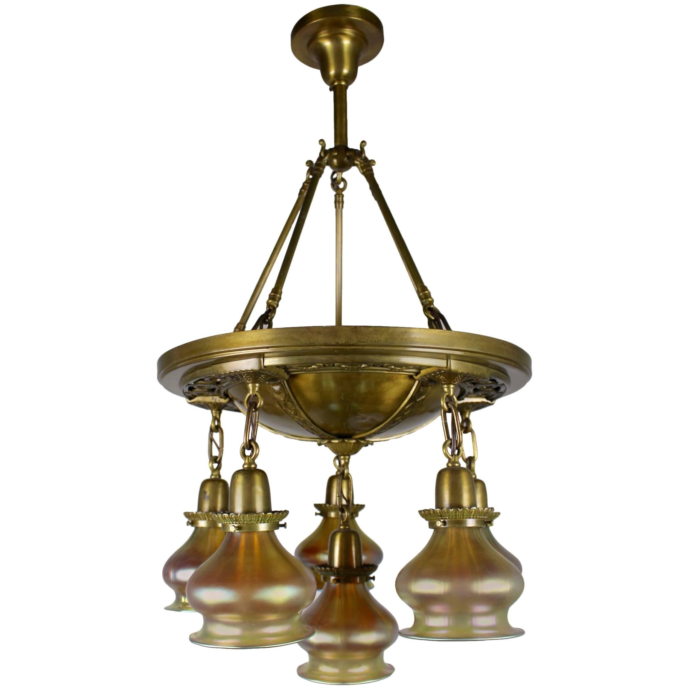 Decorated Pan Fixture with Art Glass Shades For Sale