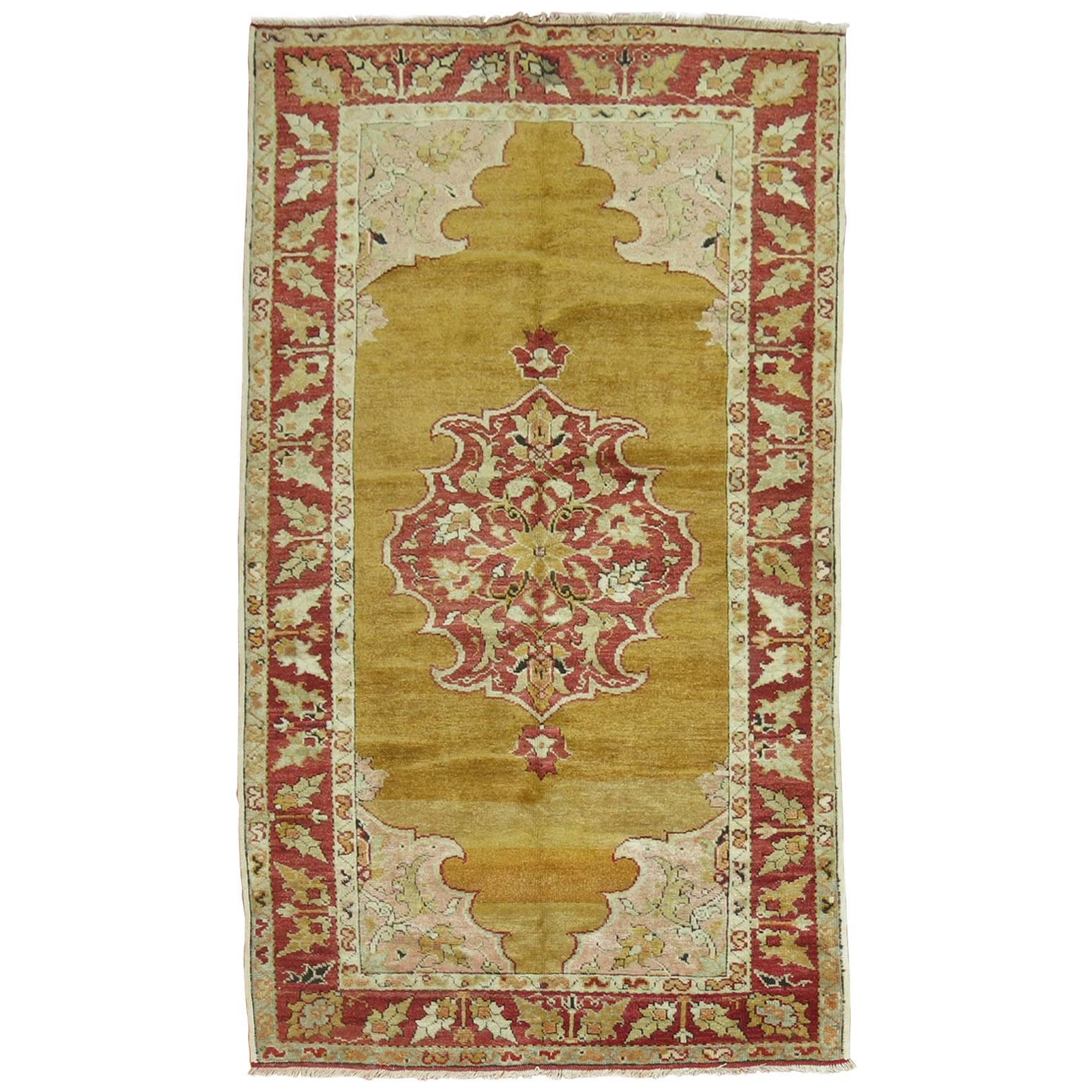 Zabihi Collection Mustard Antique Turkish Scatter Throw Size Rug For Sale