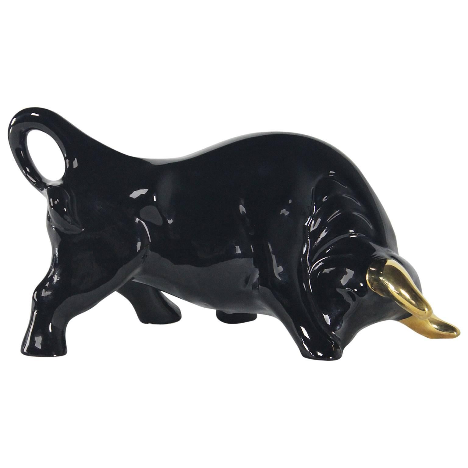 Large Royal Haeger Style Black and Gold Vanguard Studios Figural Ceramic Bull