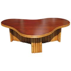 Restored Biomorphic Amoeba Rattan Coffee Table with Mahogany Top