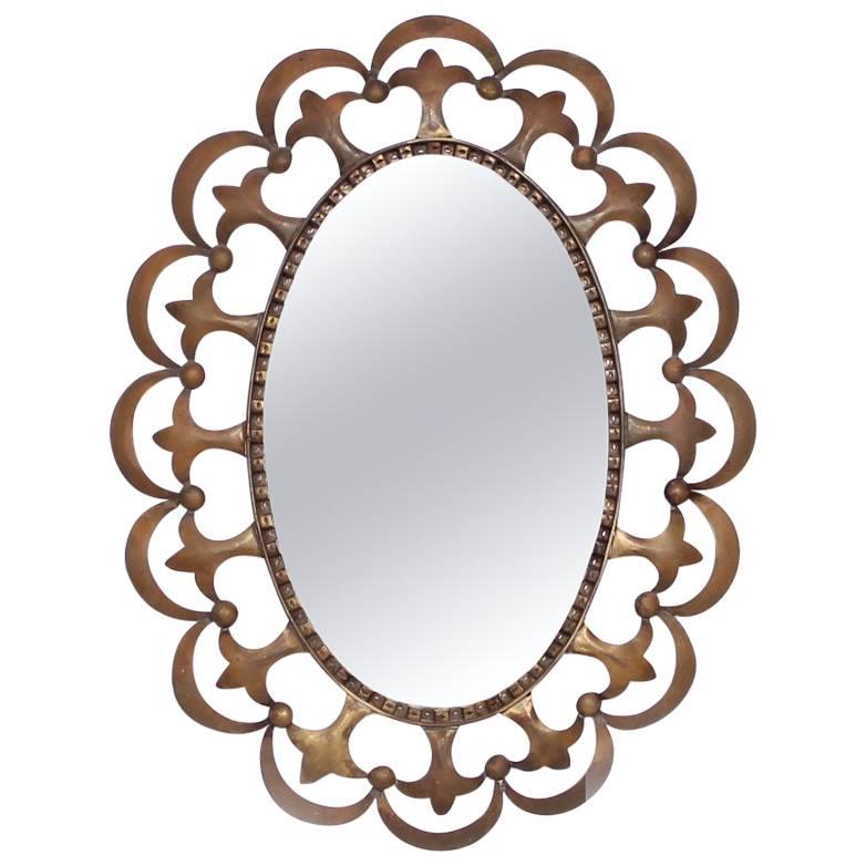 Hollywood Regency Antique Oval Mirror with Sculptural Brass Frame For