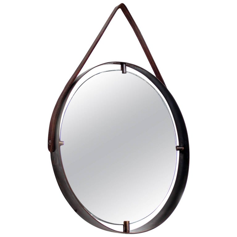 Round Mirror with Leather Strap For Sale at 1stdibs