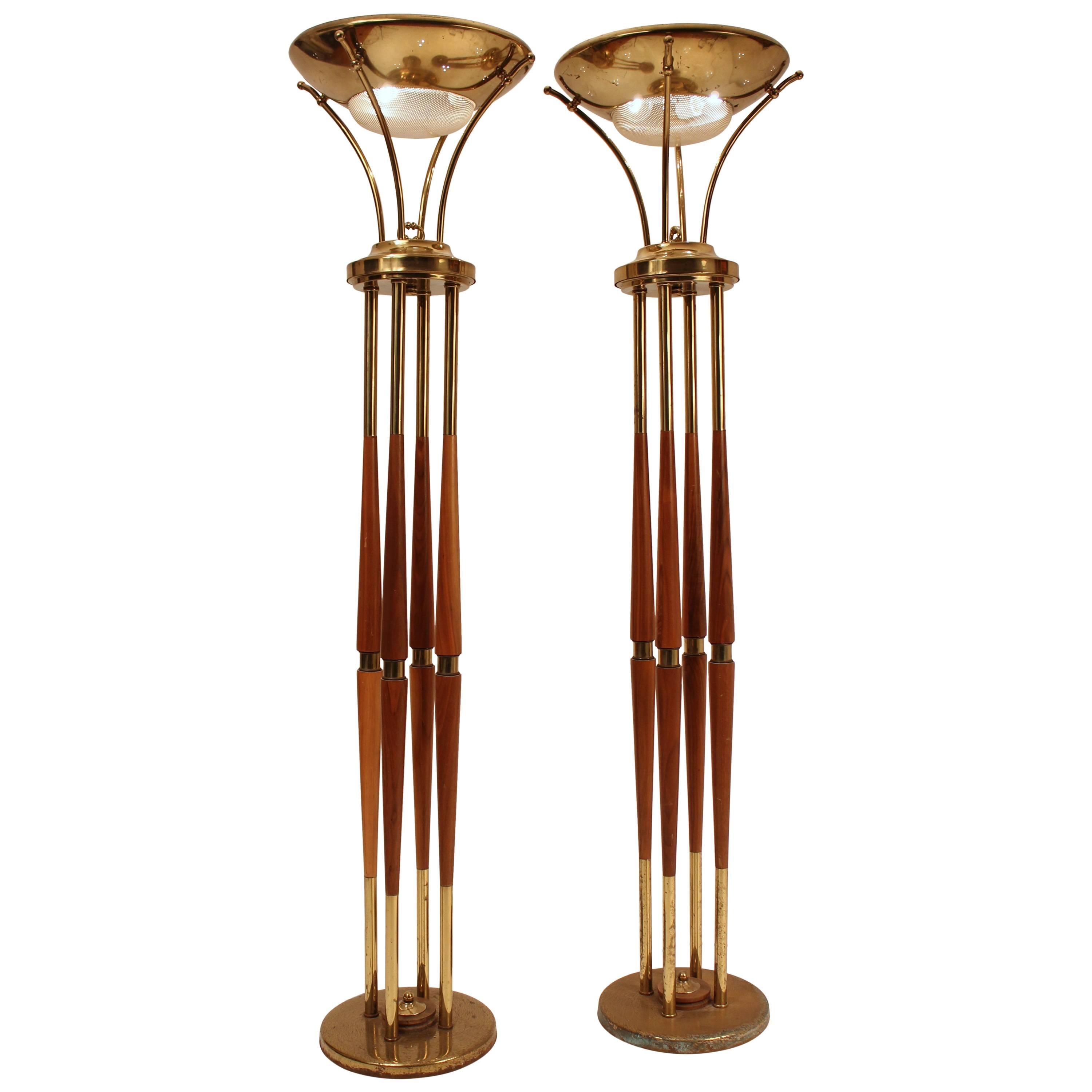 Brass & Walnut Torchere from  Lightolier , USA , 1950s