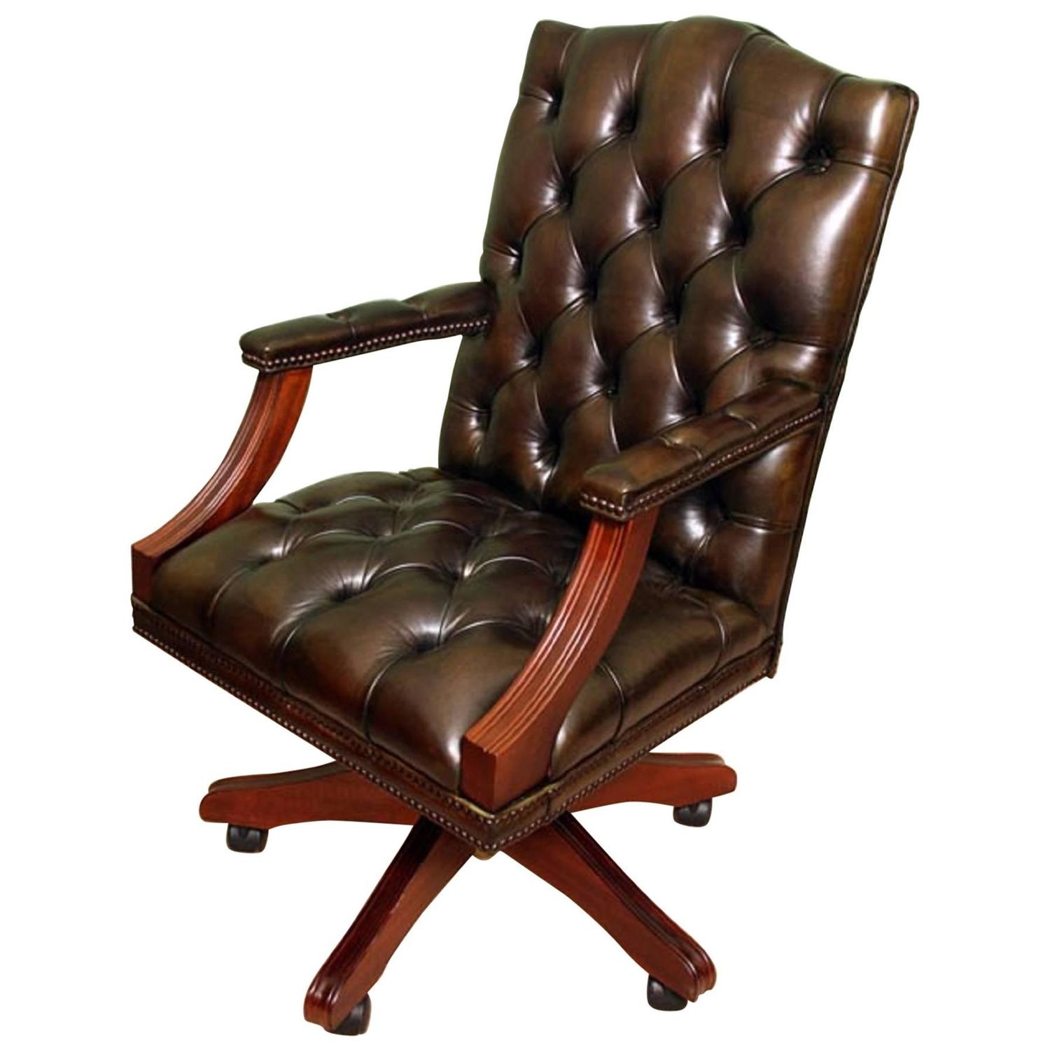 English Handmade Gainsborough Leather Desk Chair Green For At English Handmade Gainsborough Leather Desk Chair Green For At 1stdibs