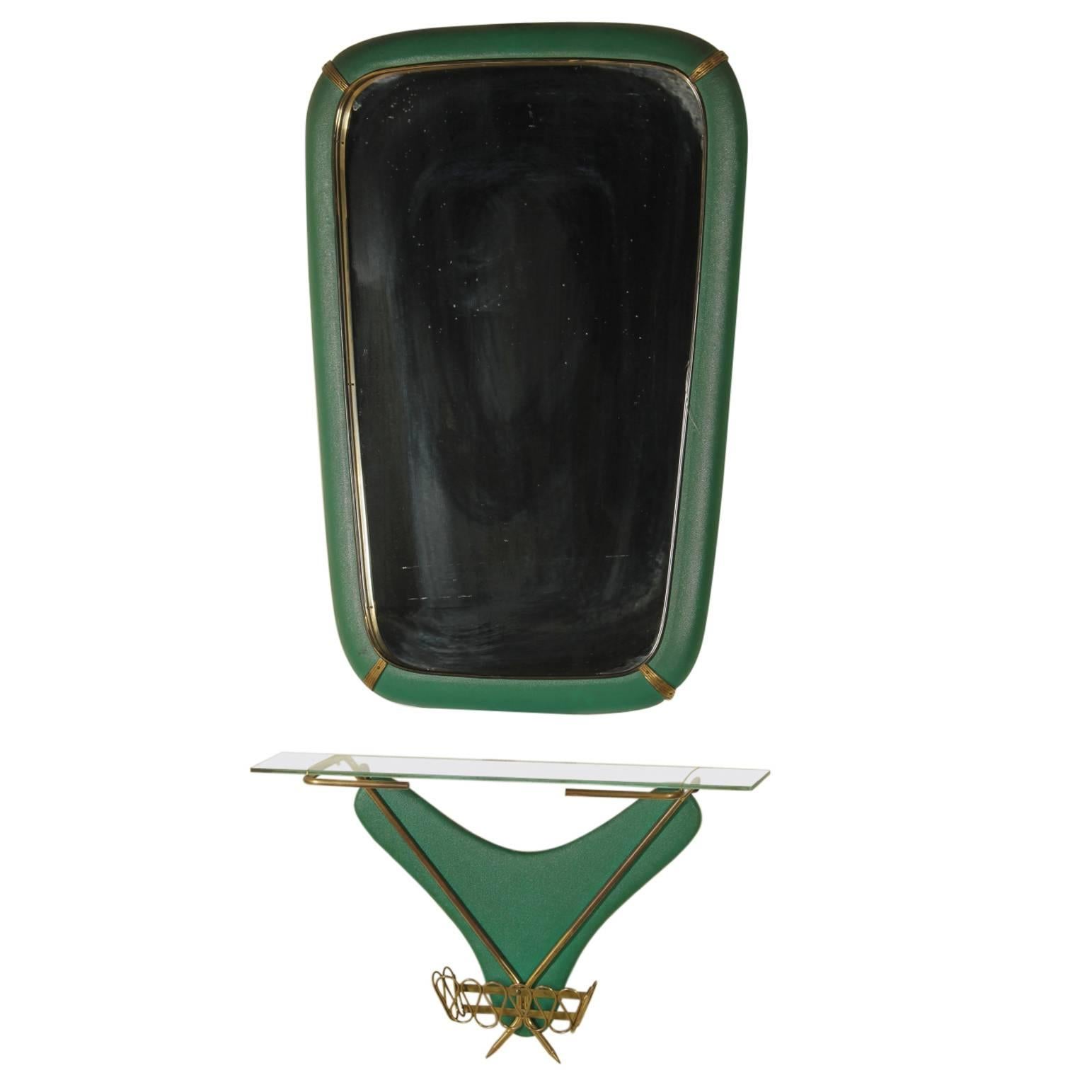 Console with Mirror Eood Skai Leatherette Brass Glass, Vintage, Italy, 1950s
