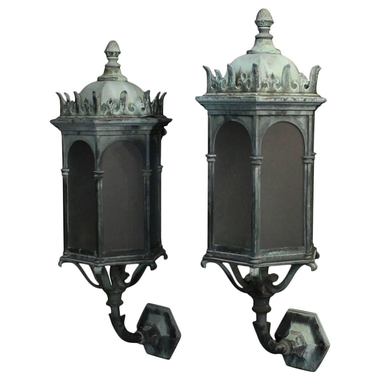 English Pair of Gothic Bronze Antique Wall Lanterns
