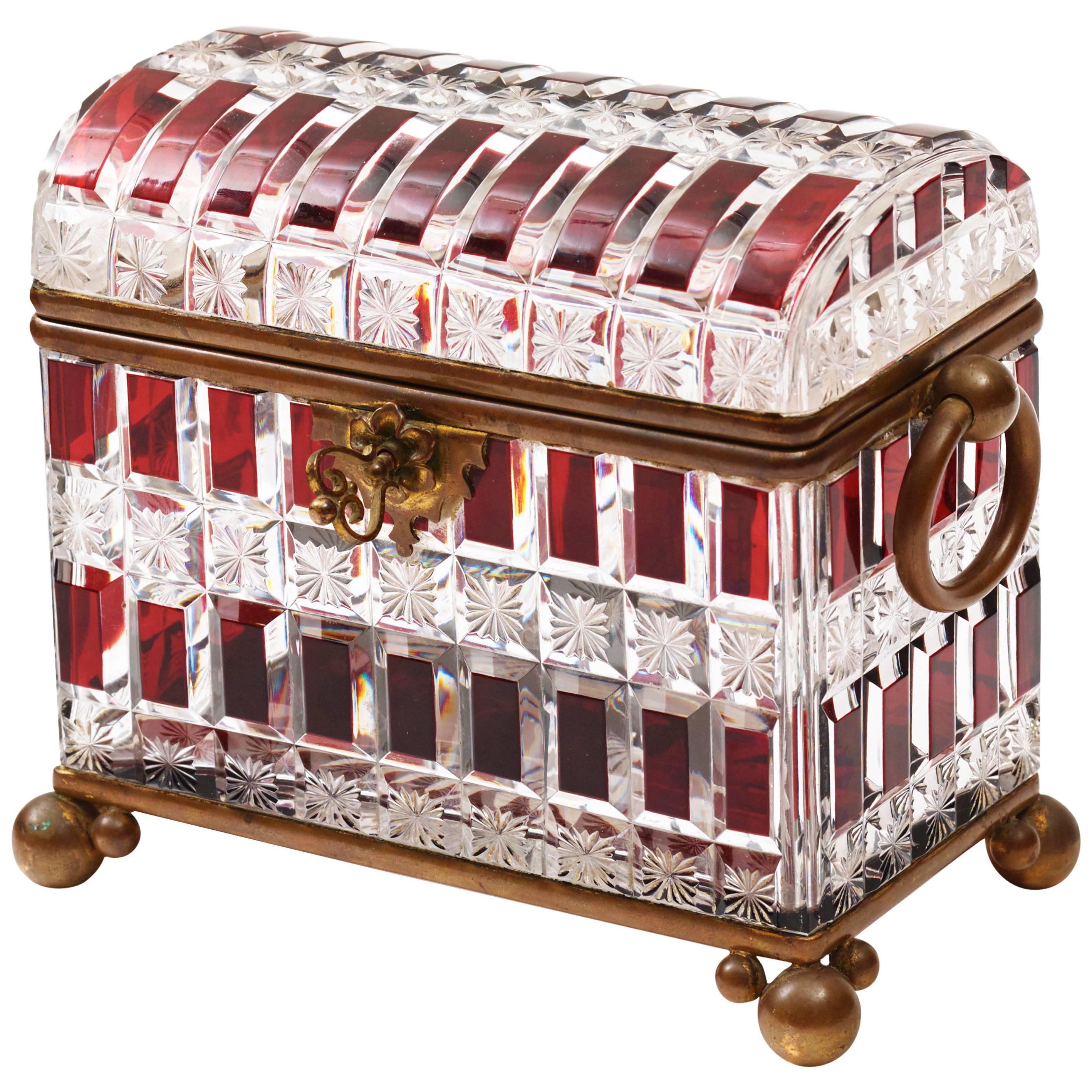Large Maison Siraudin Red Overlay Glass Casket, France, circa 1890