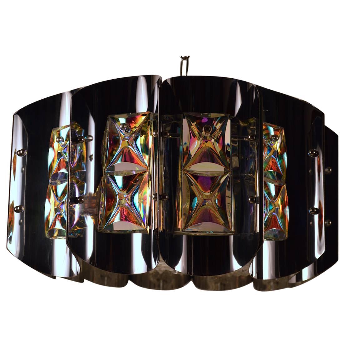 Bright Chrome and Faceted Iridized Glass Chandelier For Sale