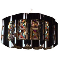 Bright Chrome and Faceted Iridized Glass Chandelier