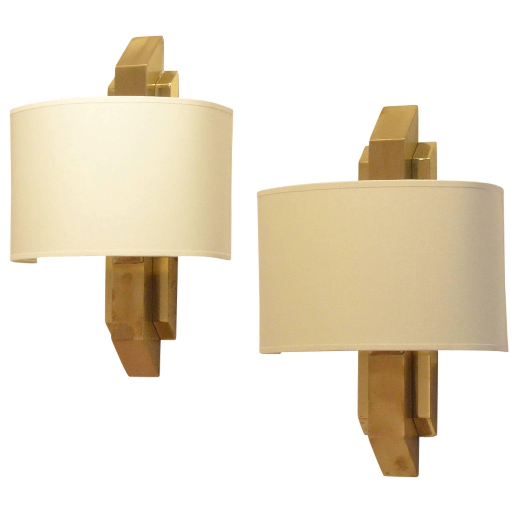 Pair of German Vintage Design Geometrical Brass and Textile Wall Sconces Lamps