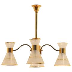 Mid-Century French Design Etched Glass Diabolo Shaded and Brass Chandelier Lamp 5