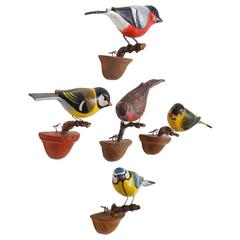 Cute Set of Five Vichtauer Carved Wood Bird Models, Black Forest