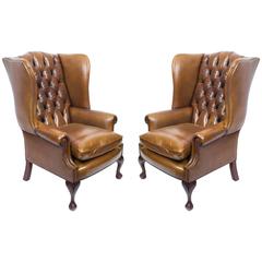 Pair of Leather Chippendale Wing Chairs Armchairs Cognac 6
