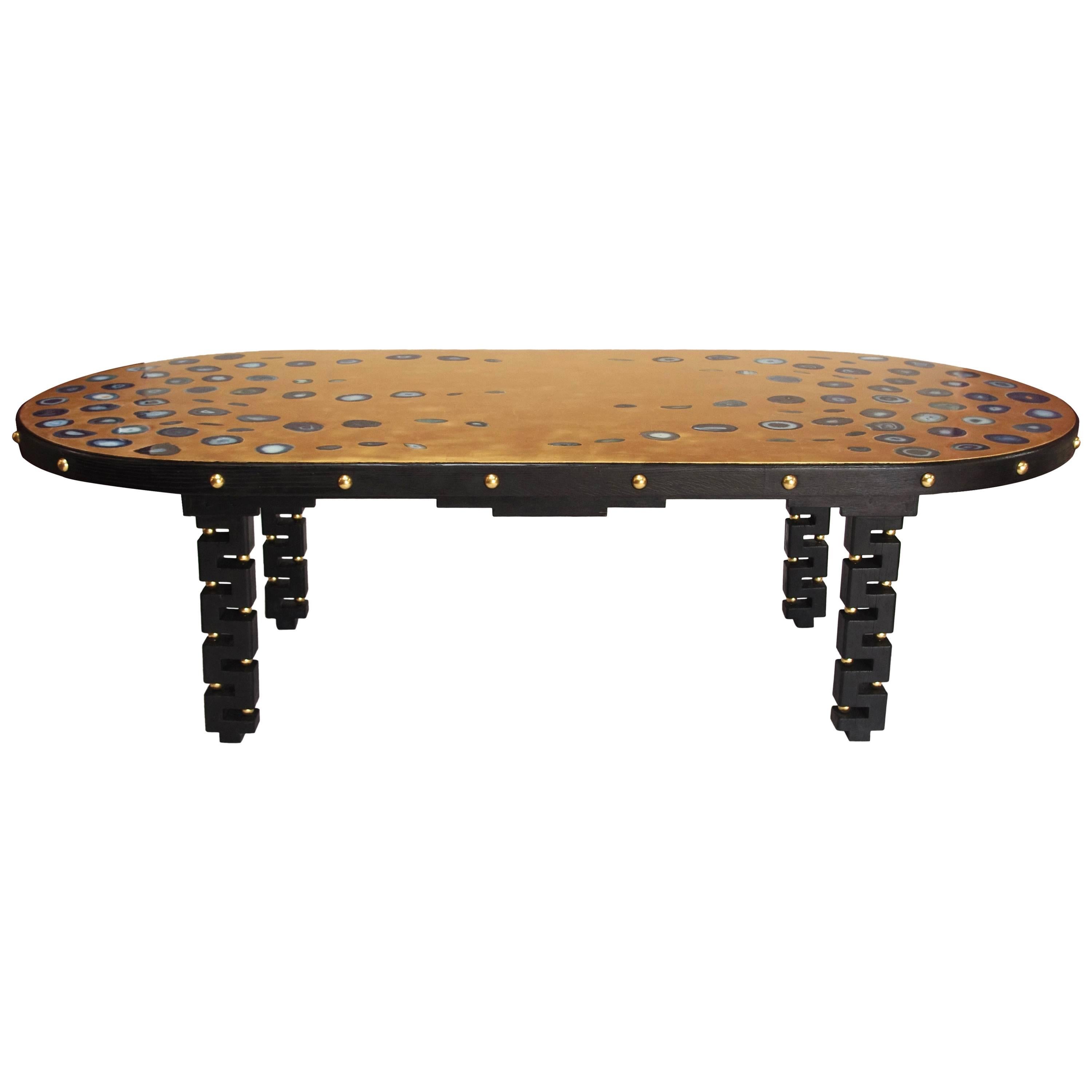 Large blackened oak table with gilt tray inlaid of agates, contemporary work