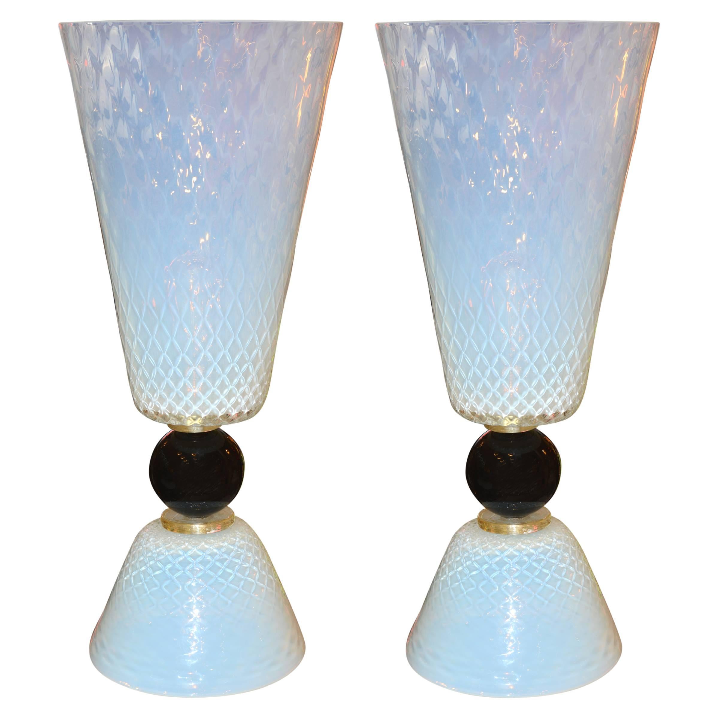 Murano Glass Vase Lamp Set of Two Exceptional Pieces Hand Worked, 1950