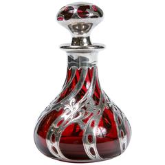 Antique American Sterling Silver Overlay Ruby Red Perfume Bottle