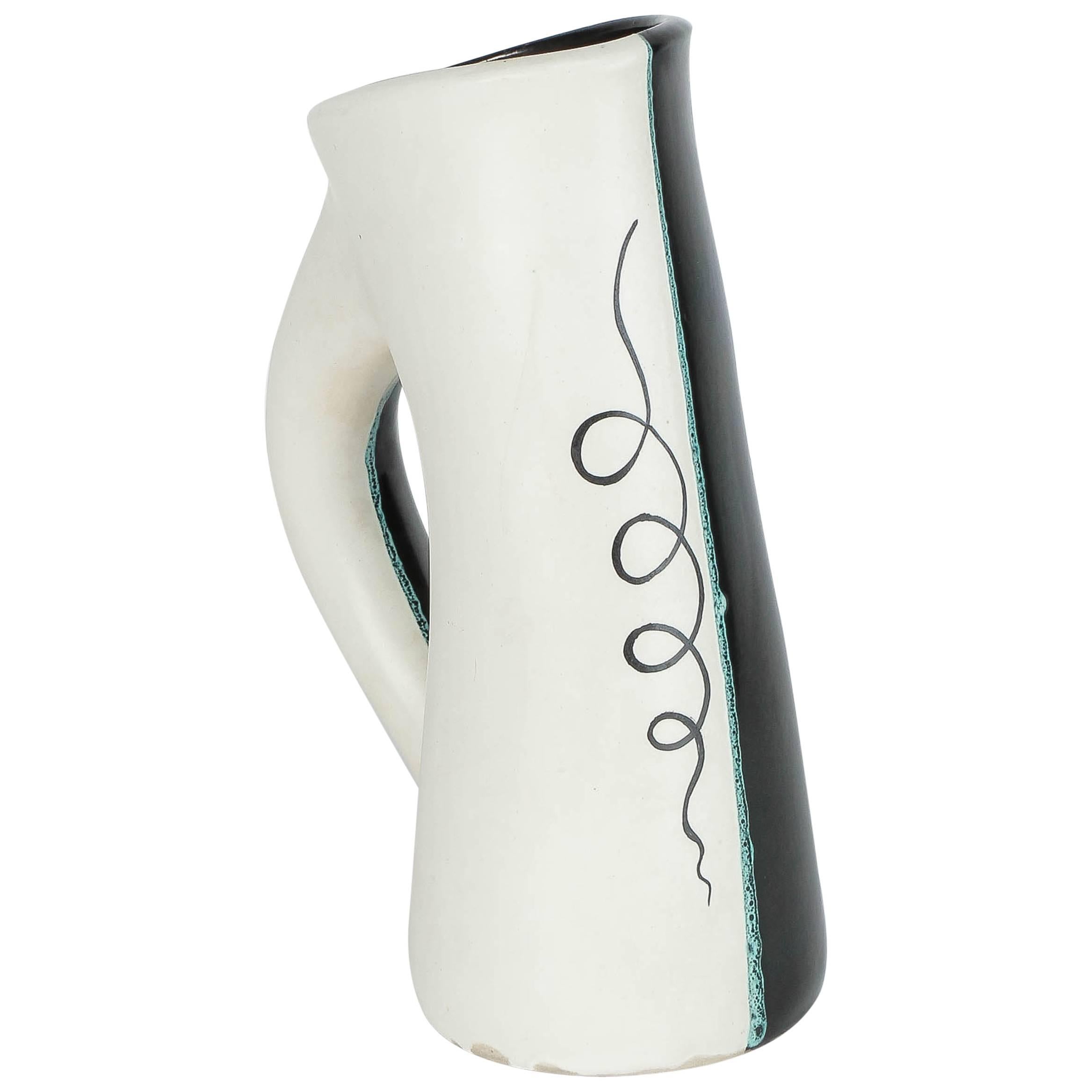 Vallauris Ceramic Pitcher Black and White by Charles René Neveux, 1950s For Sale