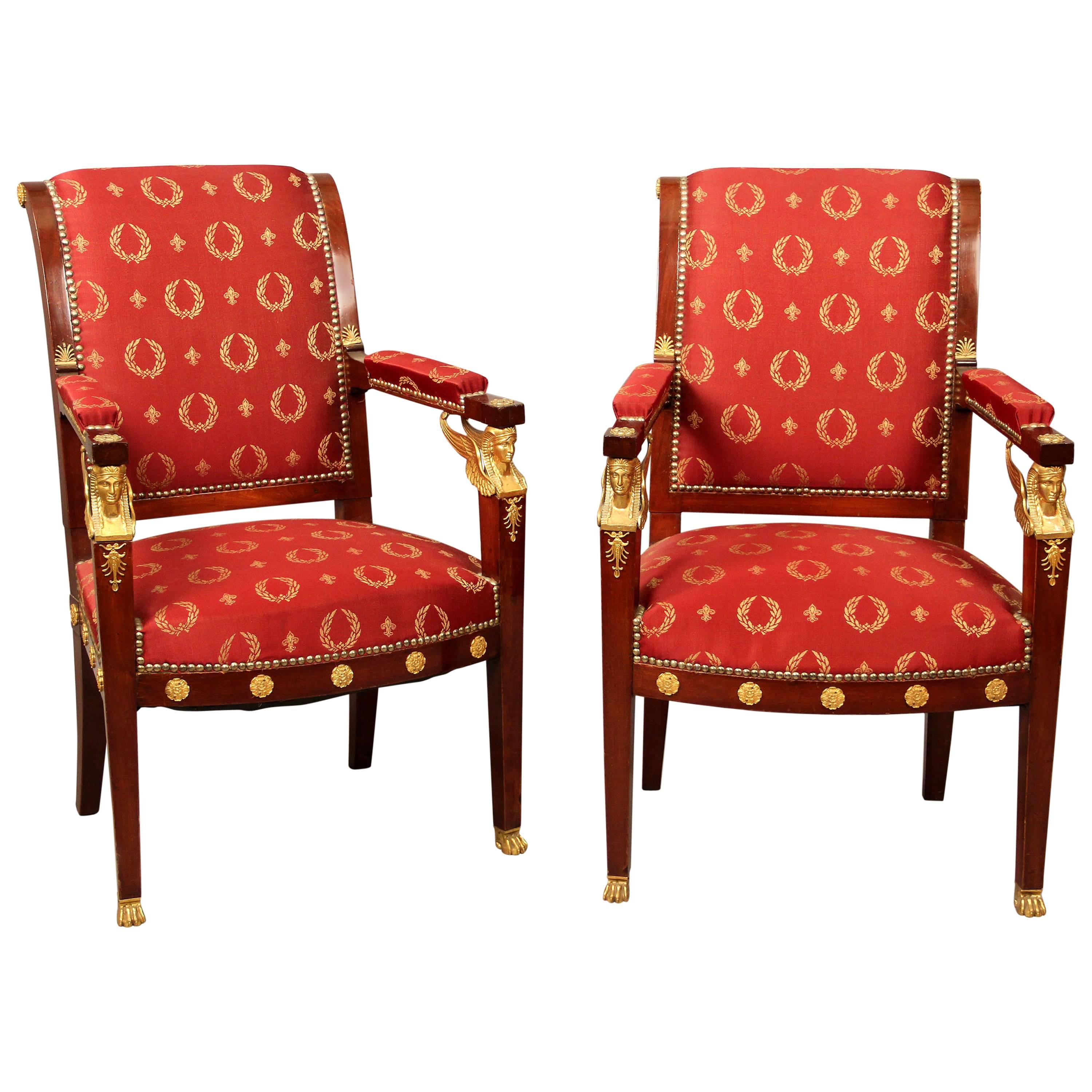 Fine Pair of Early 20th Century Gilt Bronze-Mounted Empire Style Armchairs