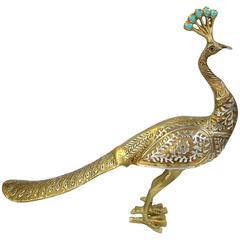 Vintage Carved Brass Two Tone Peacock Sculpture