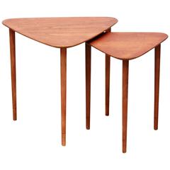Set of Two Triangular Scandinavian Design Side Tables Nesting Tables in Teak