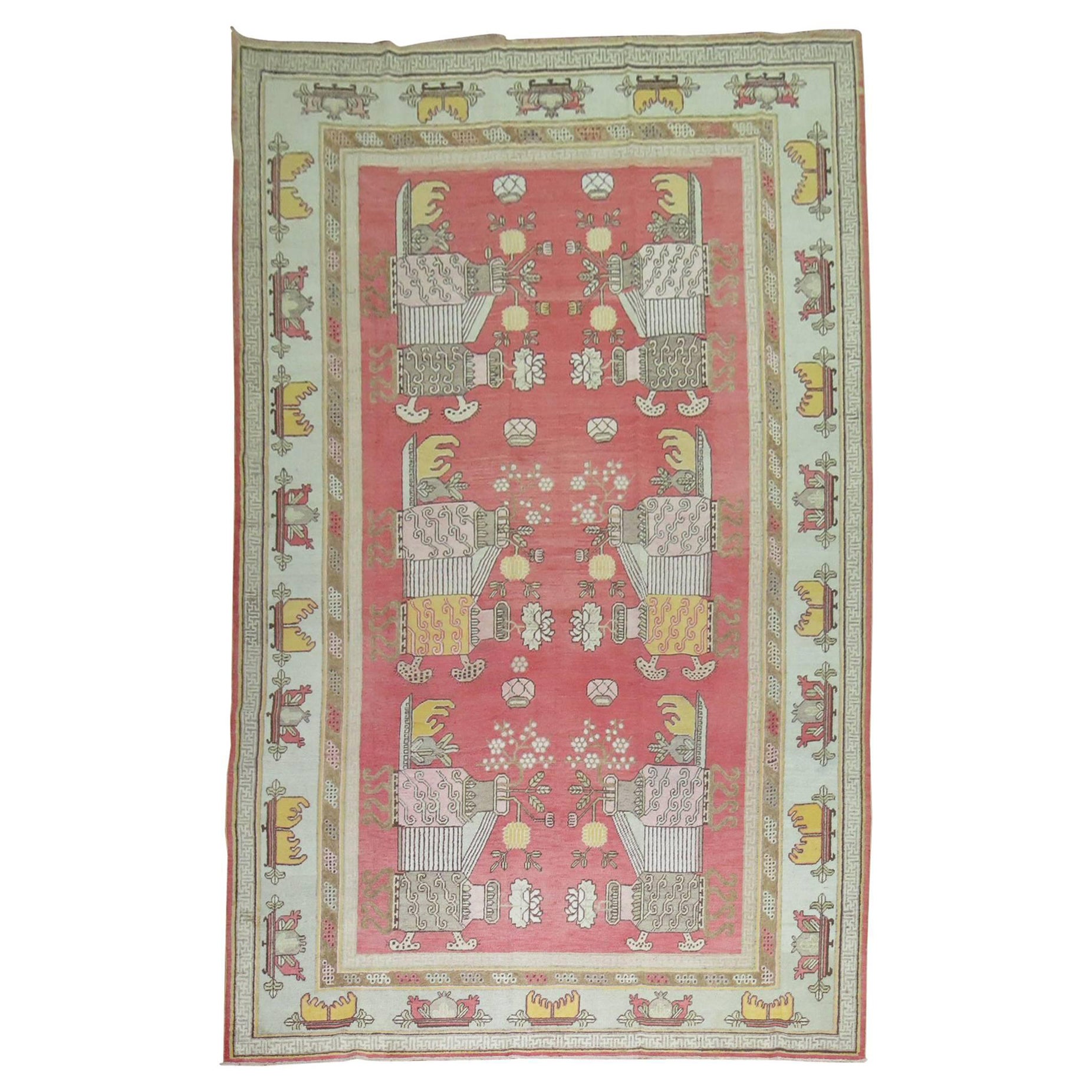 Large Antique Khotan Flower Vase Rug For Sale