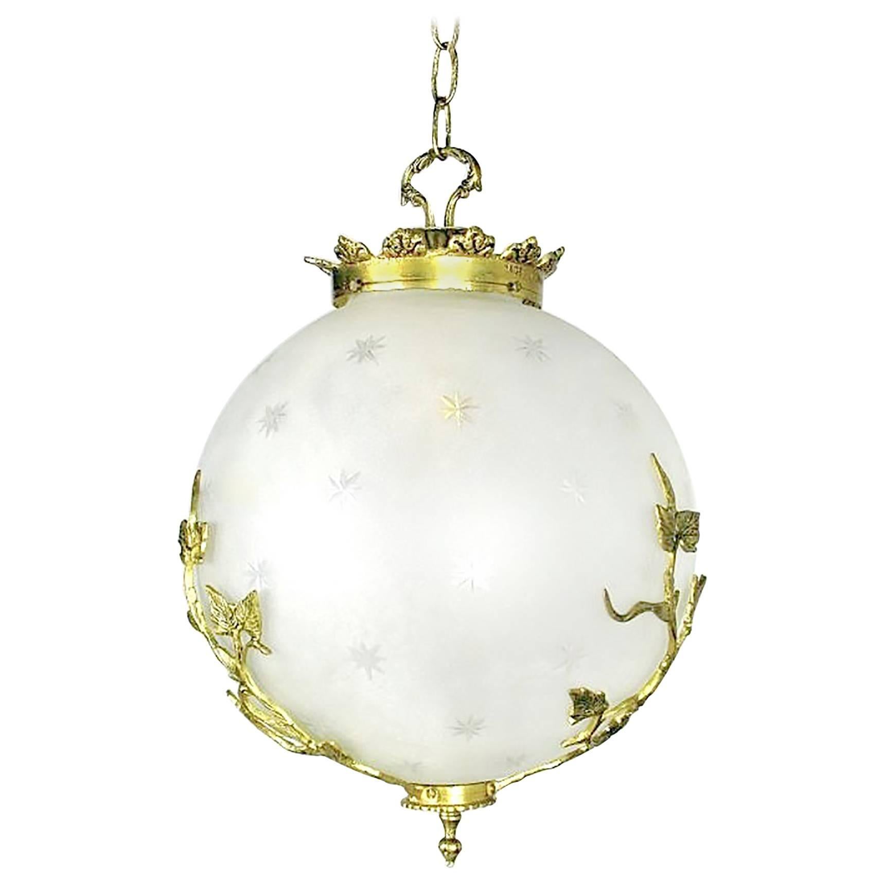 1960s Etched and Cut Glass Round Pendant Light with Brass Vine Detail