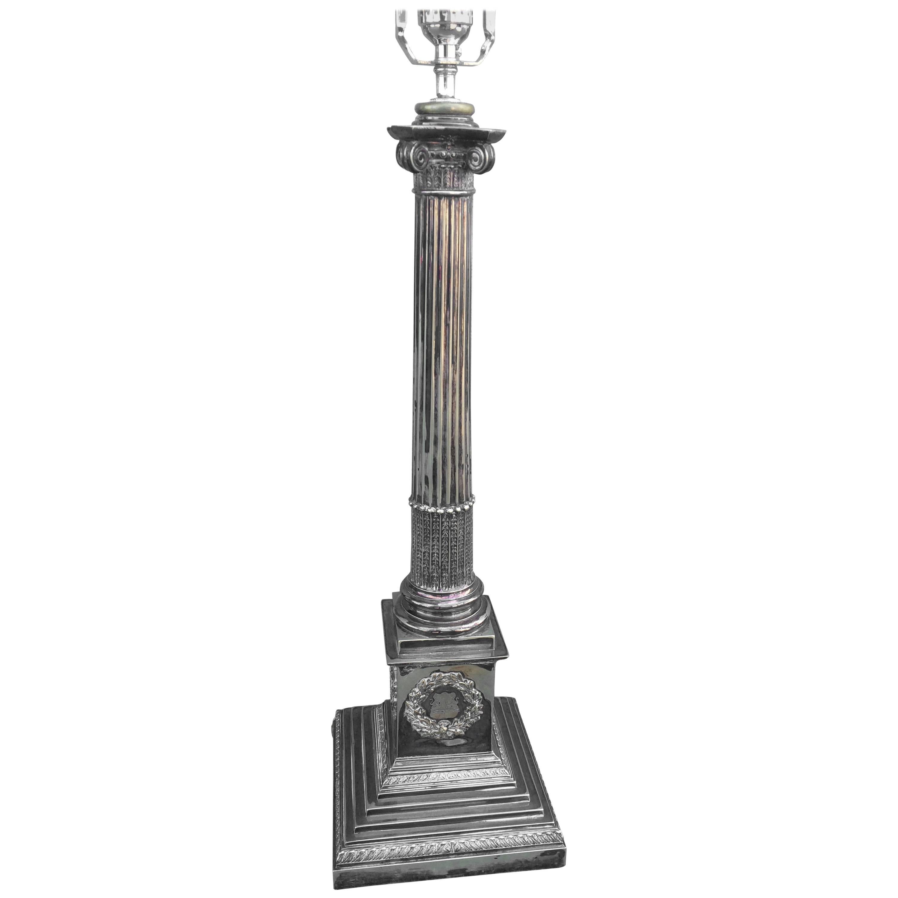 Silver Neoclassical Column Table Lamp For Sale