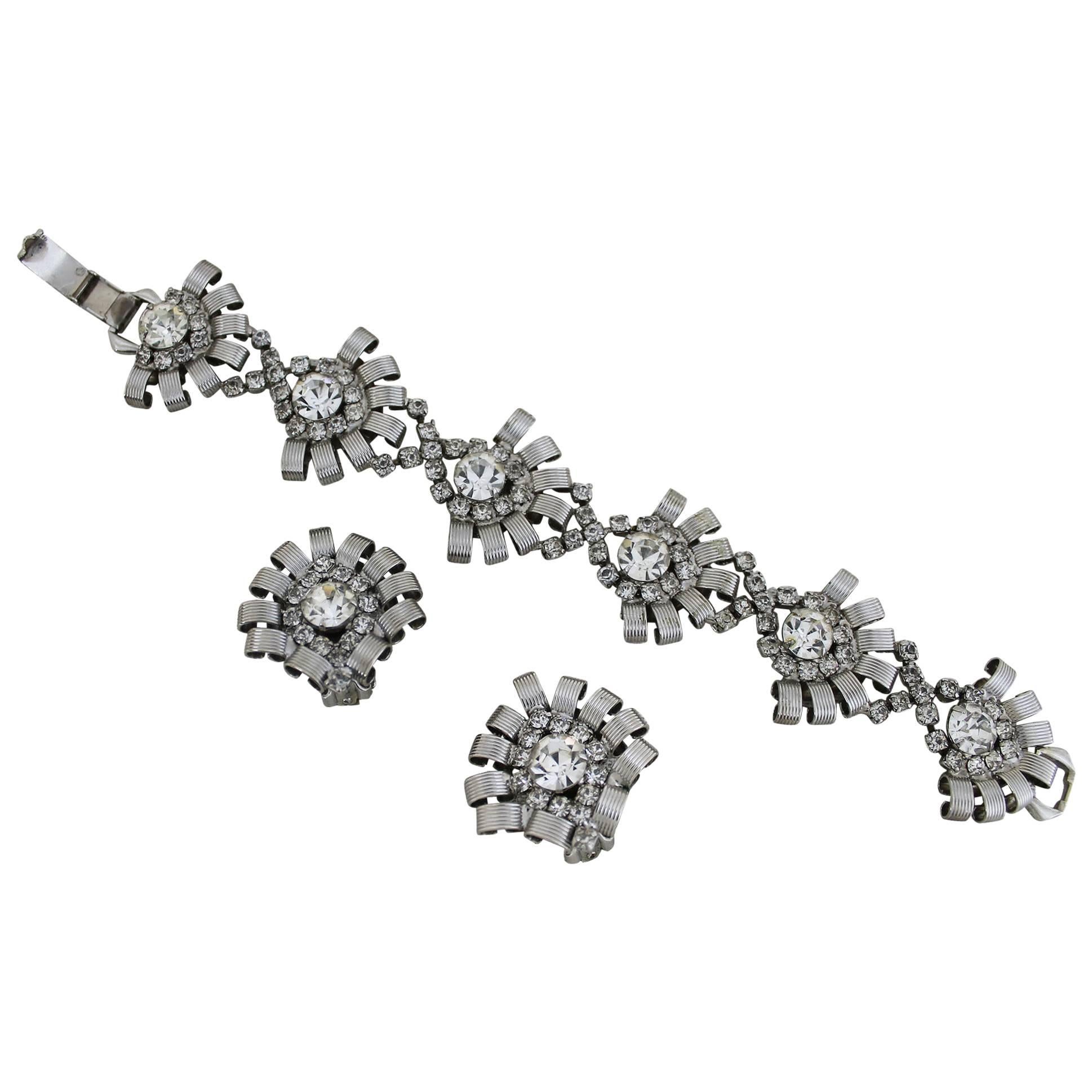 Vintage Hobé Silver-Tone and Rhinestone Bracelet and Earrings