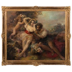 Large Antique Allegorical Painting of Young Couple & Cherub, Signed Oskar Larson