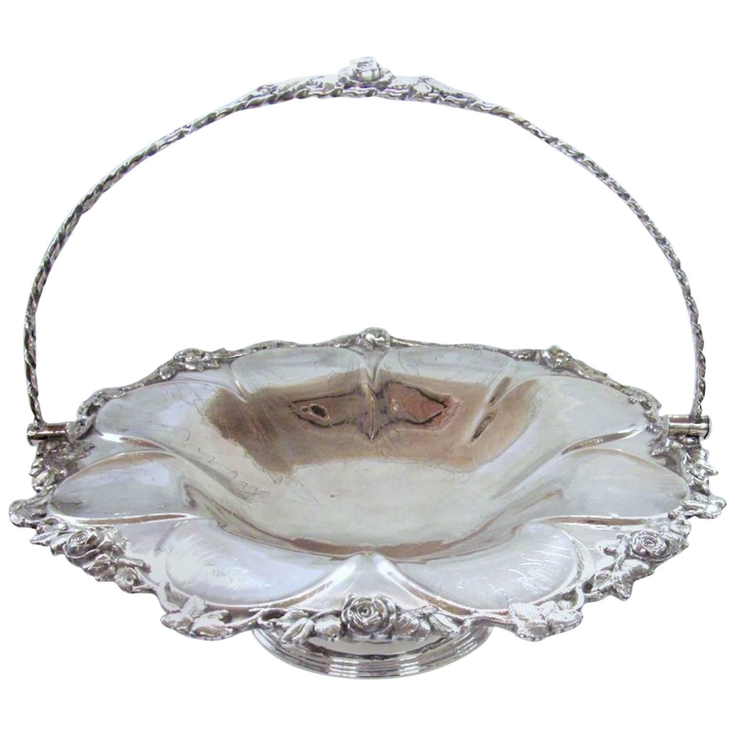 Antique English Hand Engraved Silver Plate Large Round Basket, Rose Motif Border For Sale