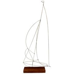 Whimsical Nautical Wire Sailboat Table Sculpture on Walnut Base