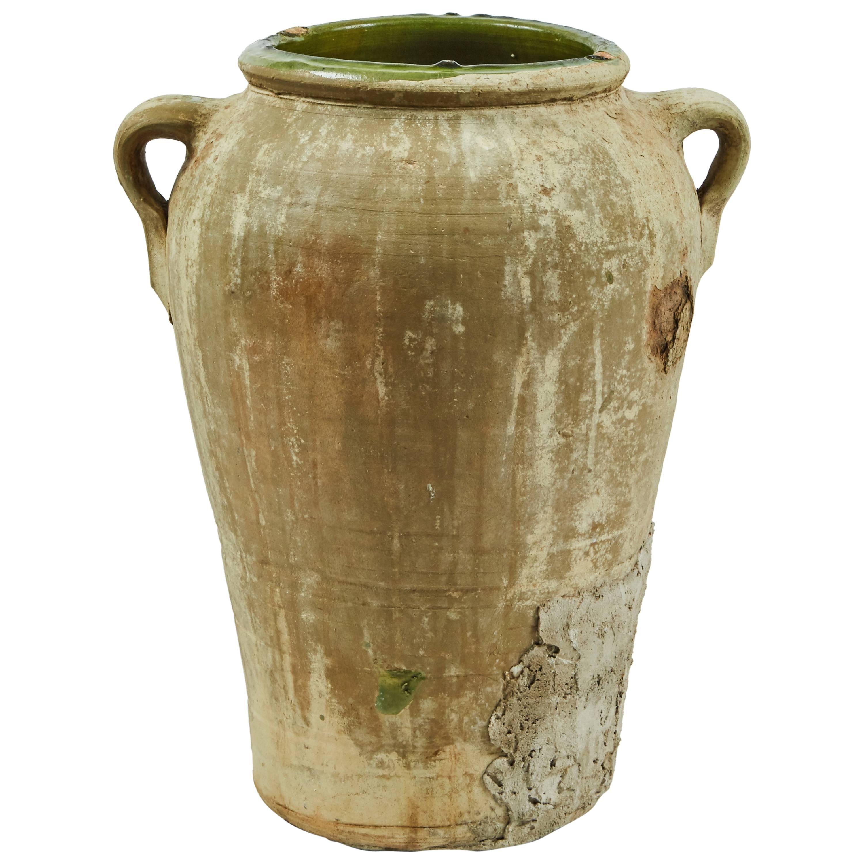 Late 19th Century Matte Textured Green Olive Oil Jar from France