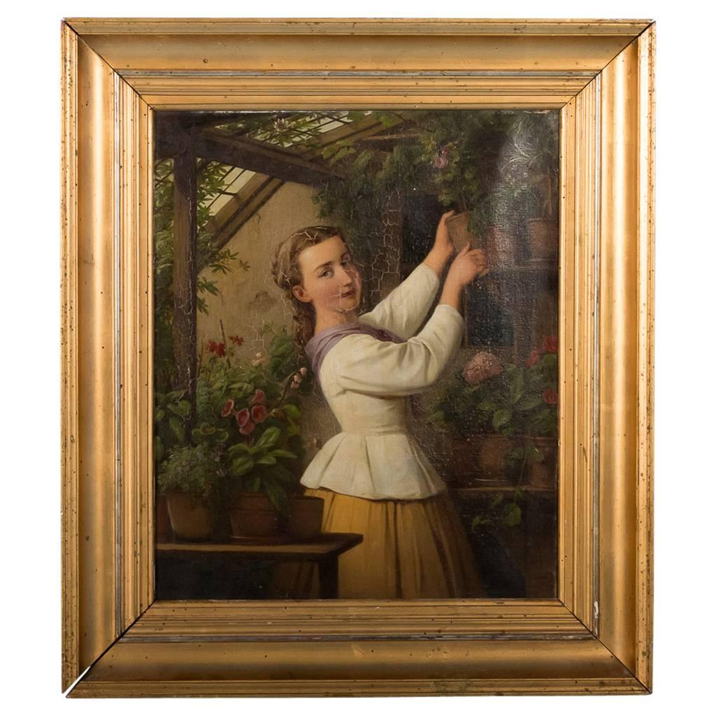 Antique Danish Oil Painting of Woman in a Greenhouse, Edvard Lehmann, Date1869   For Sale