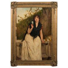 Antique Original Oil Painting, Young Woman Holding Flower, William Oliver, 1875