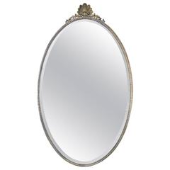 19th Century French  Solid Brass Oval Mirror in Silver Plate Finish