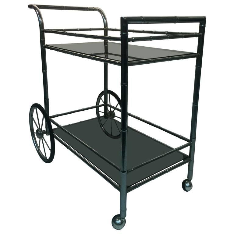 Striking Two-Tier Faux Bamboo Chrome Tea Cart For Sale