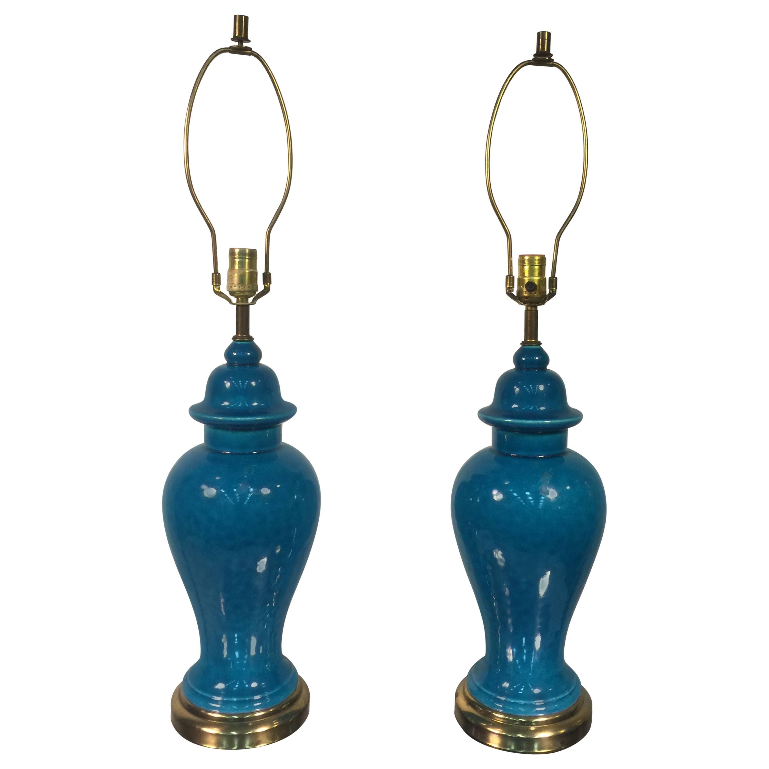 Gorgeous Pair of Chinese Ginger Jar Glazed Blue Ceramic Table Lamps For Sale