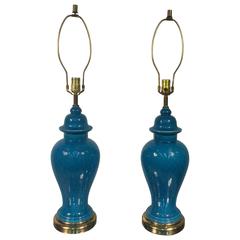 Gorgeous Pair of Chinese Ginger Jar Glazed Blue Ceramic Table Lamps