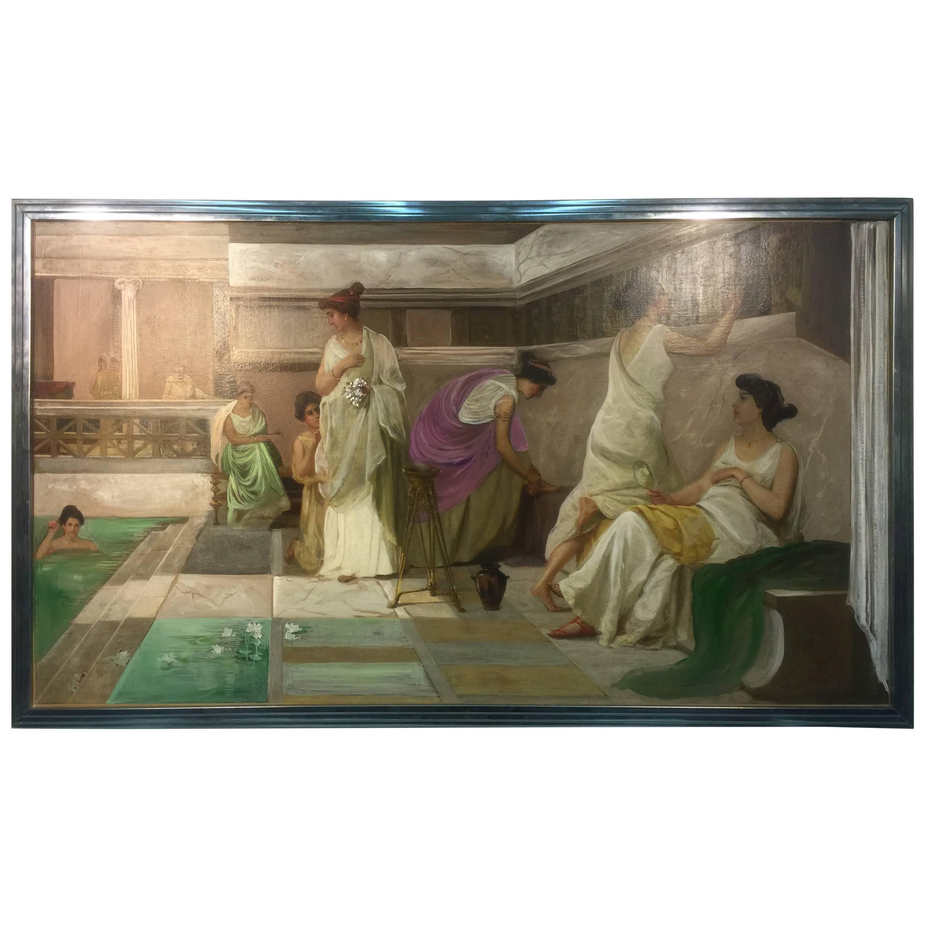 Beautiful Neoclassical Style Painting of a Roman Bath House after Alma-Tadema For Sale