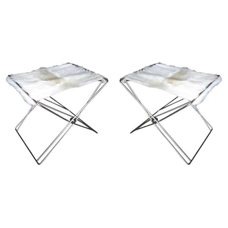 Pair of 1970s Nickel Folding Stools with Cowhide Seat For Sale