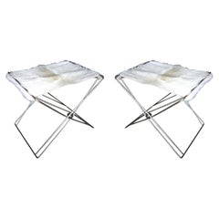 Retro Pair of 1970s Nickel Folding Stools with Cowhide Seat