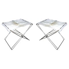 Vintage Pair of 1970s Nickel Folding Stools with Cowhide Seat